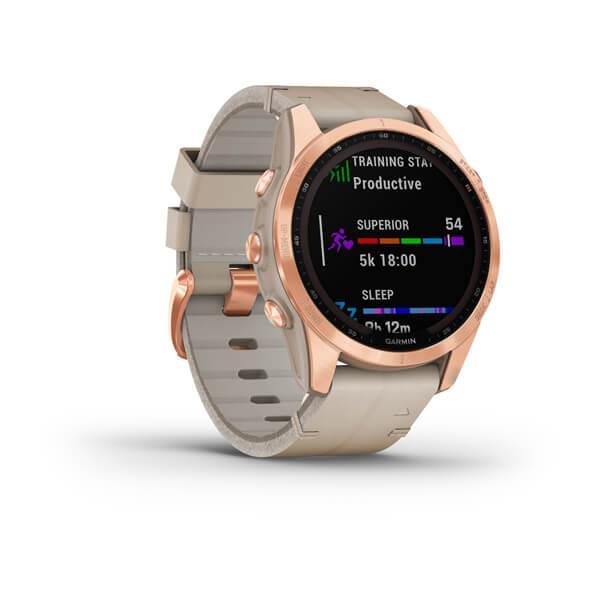 Спортивний годинник Garmin Fenix 7S Sapphire Solar Rose Gold Titanium з піщаним шкіряним ремінцем 010-02539-35