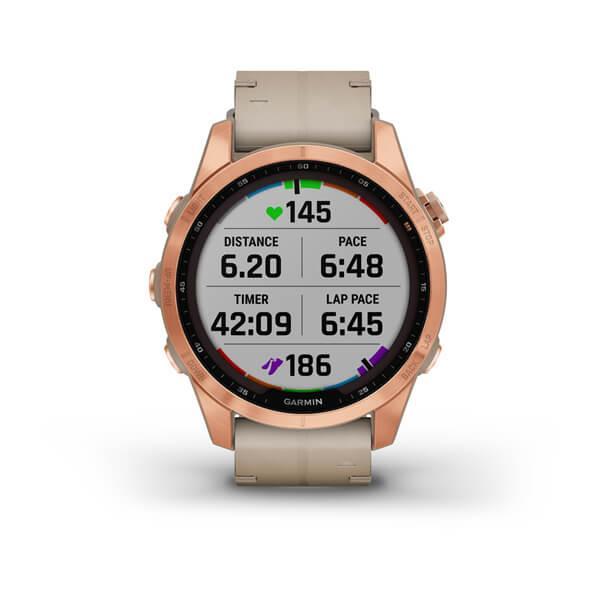 Спортивний годинник Garmin Fenix 7S Sapphire Solar Rose Gold Titanium з піщаним шкіряним ремінцем 010-02539-35