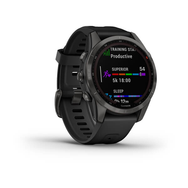 Спортивний годинник Garmin Fenix 7S Sapphire Solar Carbon Grey DLC Titanium з силіконовим ремінцем 010-02539-25