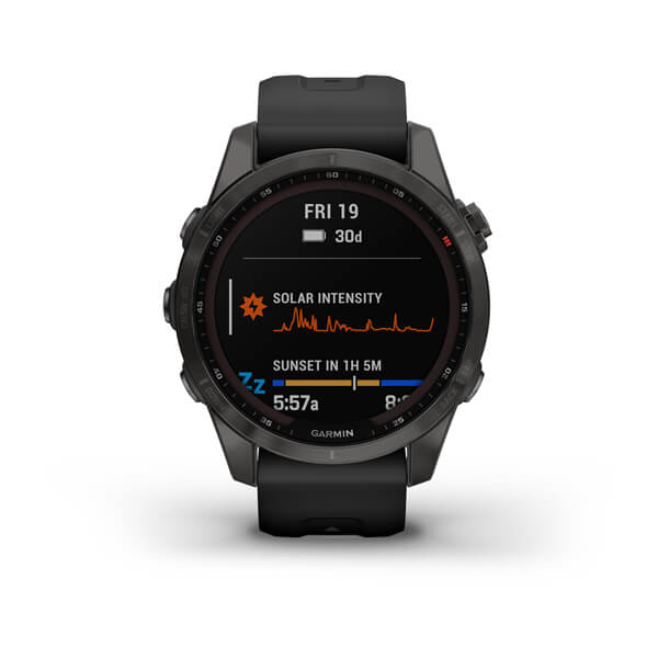Спортивний годинник Garmin Fenix 7S Sapphire Solar Carbon Grey DLC Titanium з силіконовим ремінцем 010-02539-25