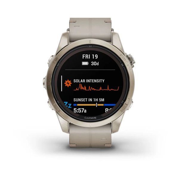 Спортивний годинник Garmin Fenix 7S Pro Sapphire Solar Edition Soft Gold з піщаним шкіряним ремінцем 010-02776-30