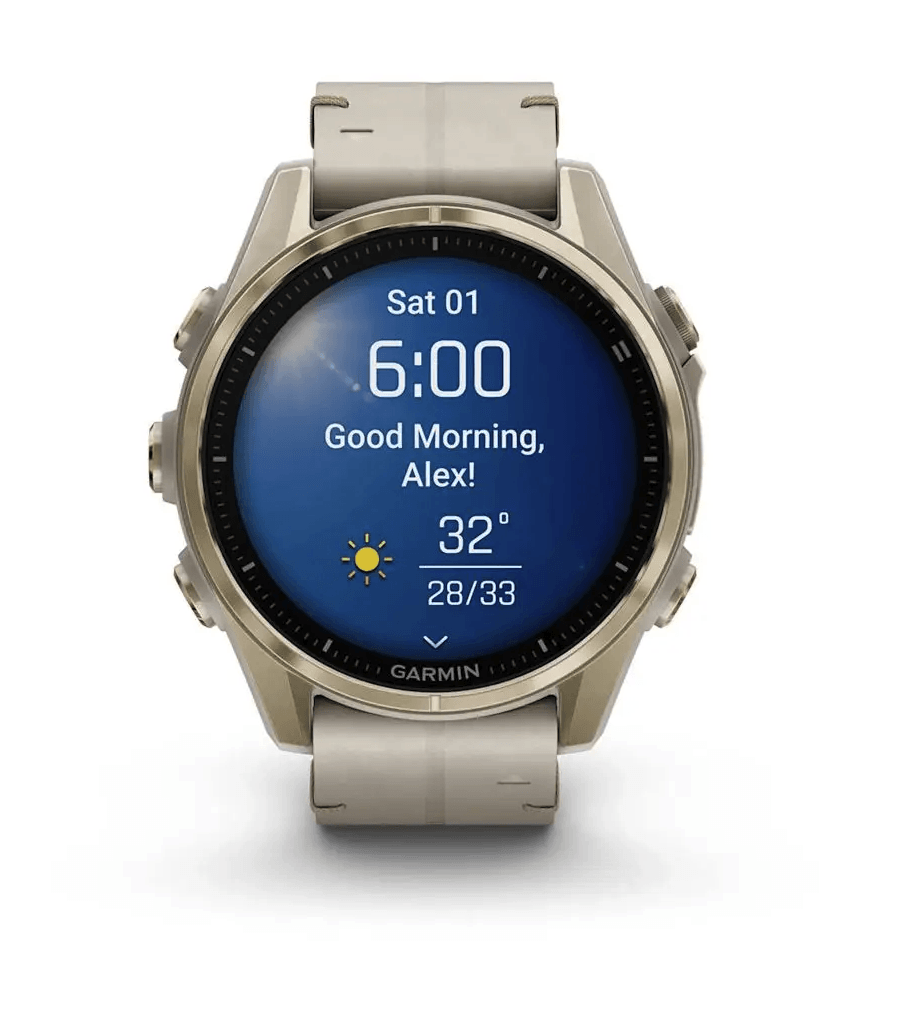 Спортивний годинник Garmin Fenix 8 Amoled 43мм Sapphire Soft Gold з піщаним шкіряним ремінцем 010-02903-40