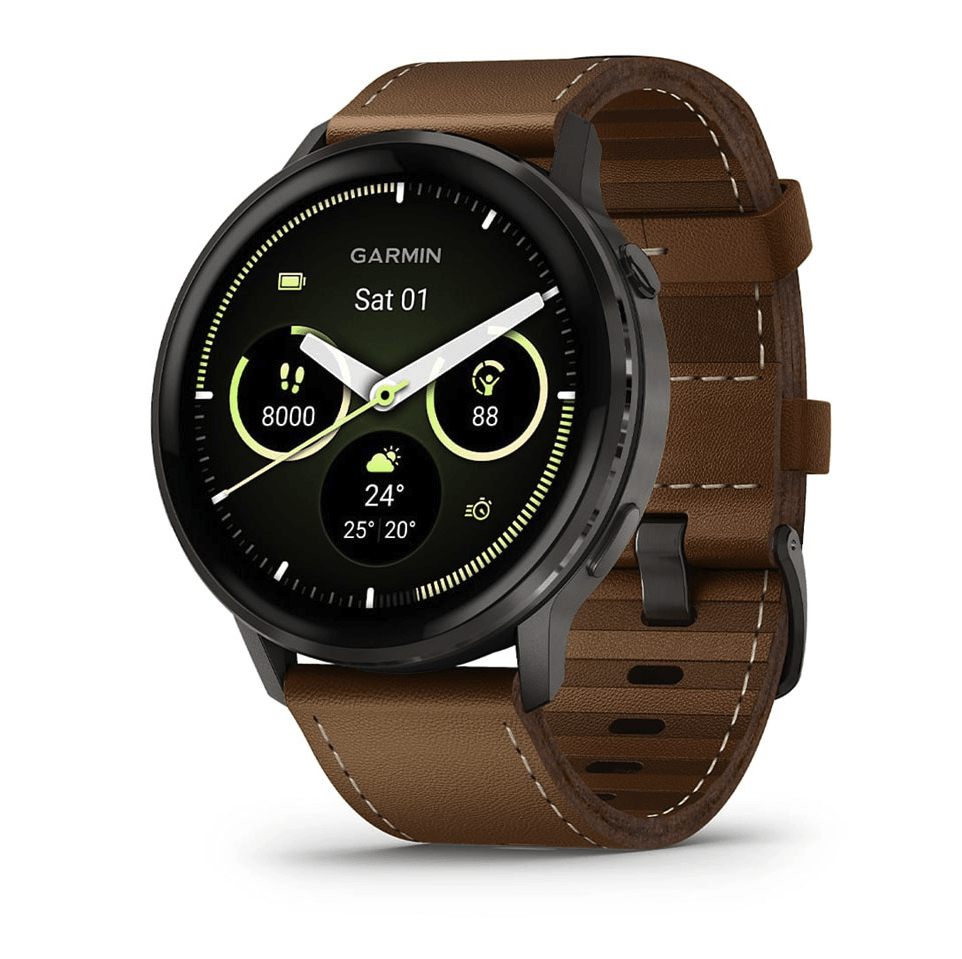 Спортивний годинник Garmin Venu 4 45 мм Slate Black із чорним силіконовим та Brown коричневим шкіряним ремінцями 010-03014-03