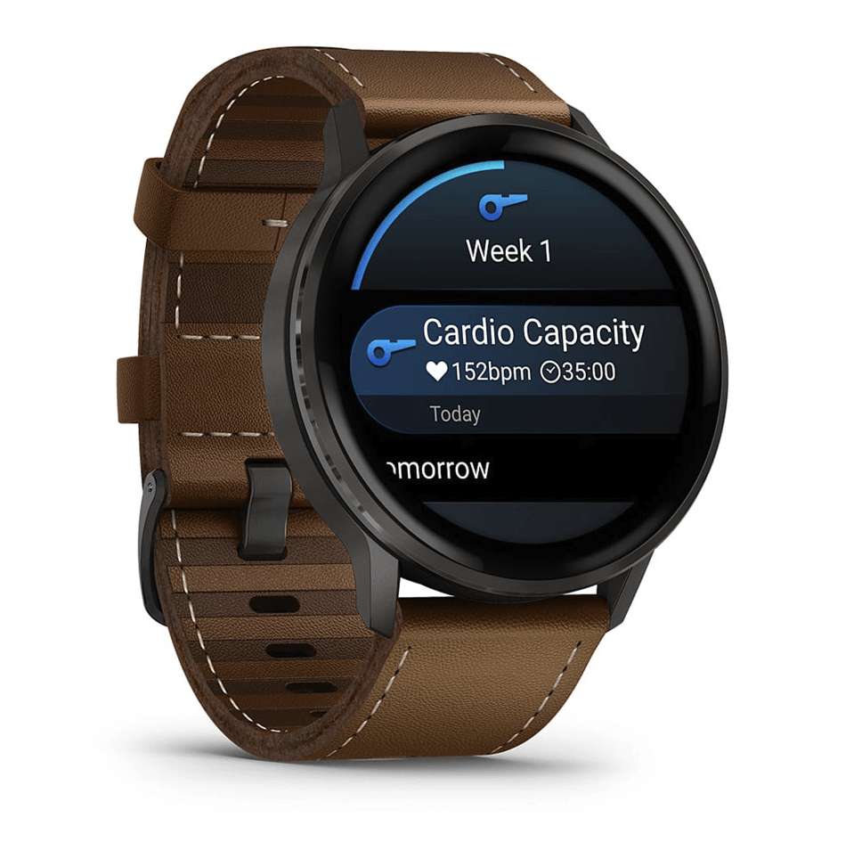 Спортивний годинник Garmin Venu 4 45 мм Slate Black із чорним силіконовим та Brown коричневим шкіряним ремінцями 010-03014-03