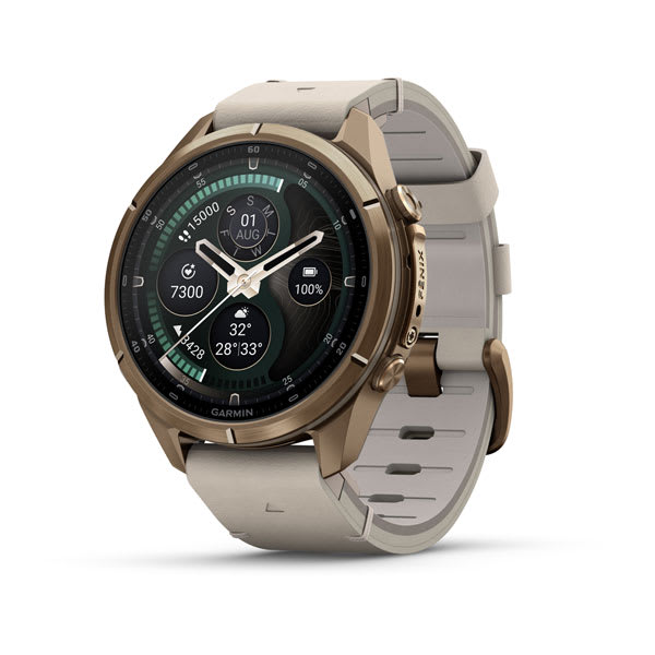 Спортивний годинник Garmin Fenix 9 Pro Amoled inReach 43 мм Autumn Gold Titanium із бежевим шкіряним ремінцем 010-04335-41