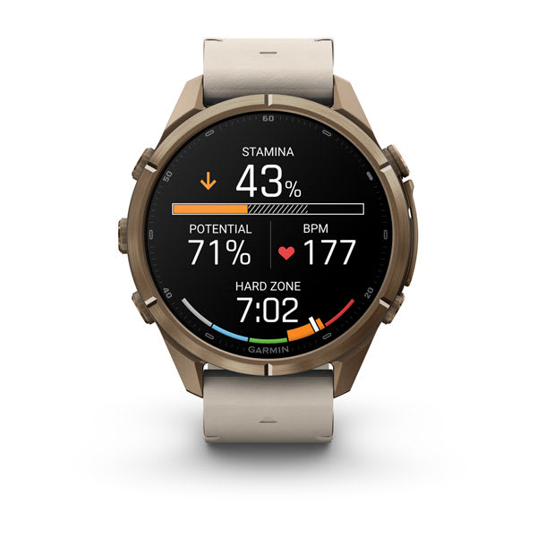 Спортивний годинник Garmin Fenix 9 Pro Amoled inReach 43 мм Autumn Gold Titanium із бежевим шкіряним ремінцем 010-04335-41